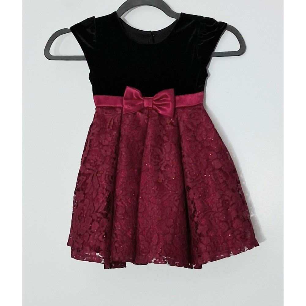 Jona Michelle Dress Girl's Size 3T Party Black Velvet Maroon Lace Button Up Preo